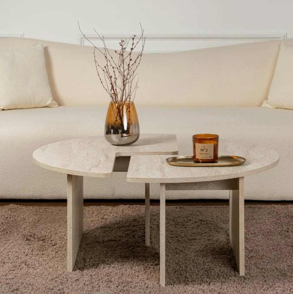 Table basse ronde effet travertin - design puzzle MARFA