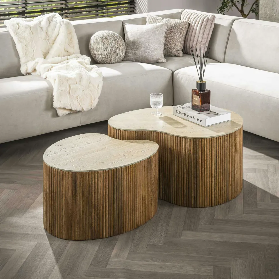 Table basse ronde en bois de manguier et céramique (lot de 2) ASCOLI
