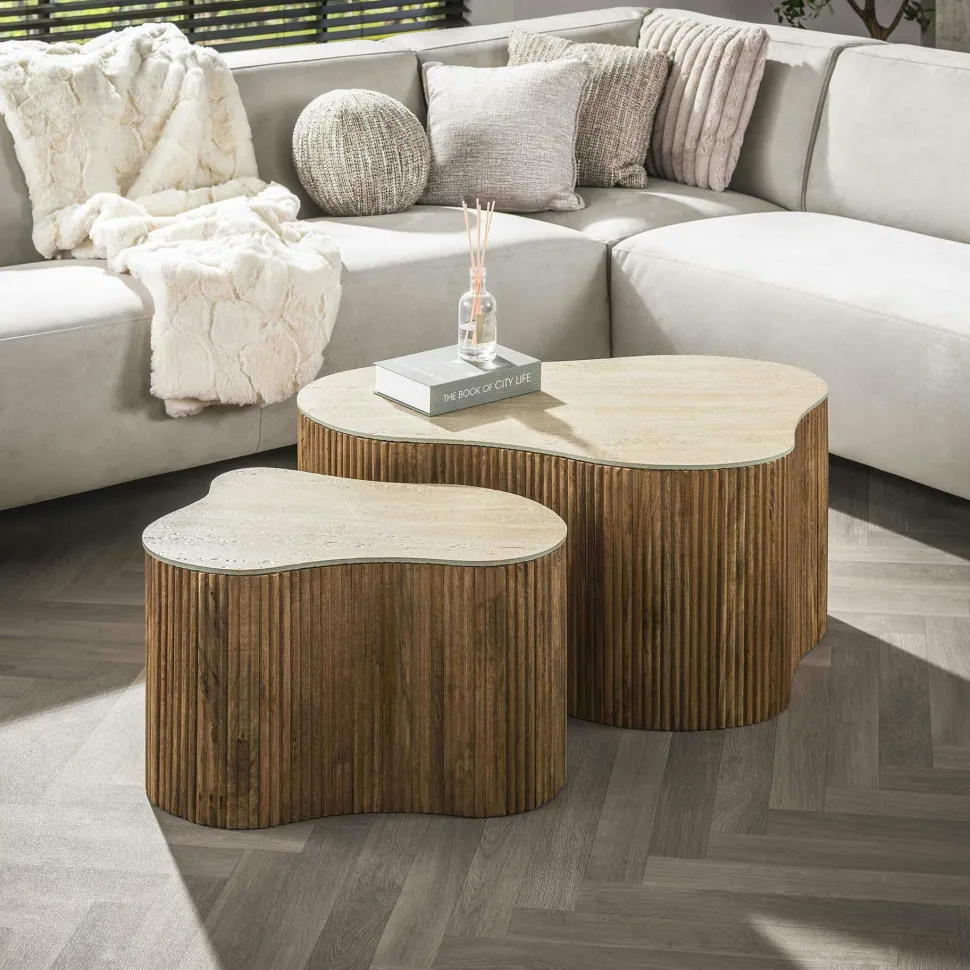Table basse ronde en bois de manguier et céramique (lot de 2) ASCOLI