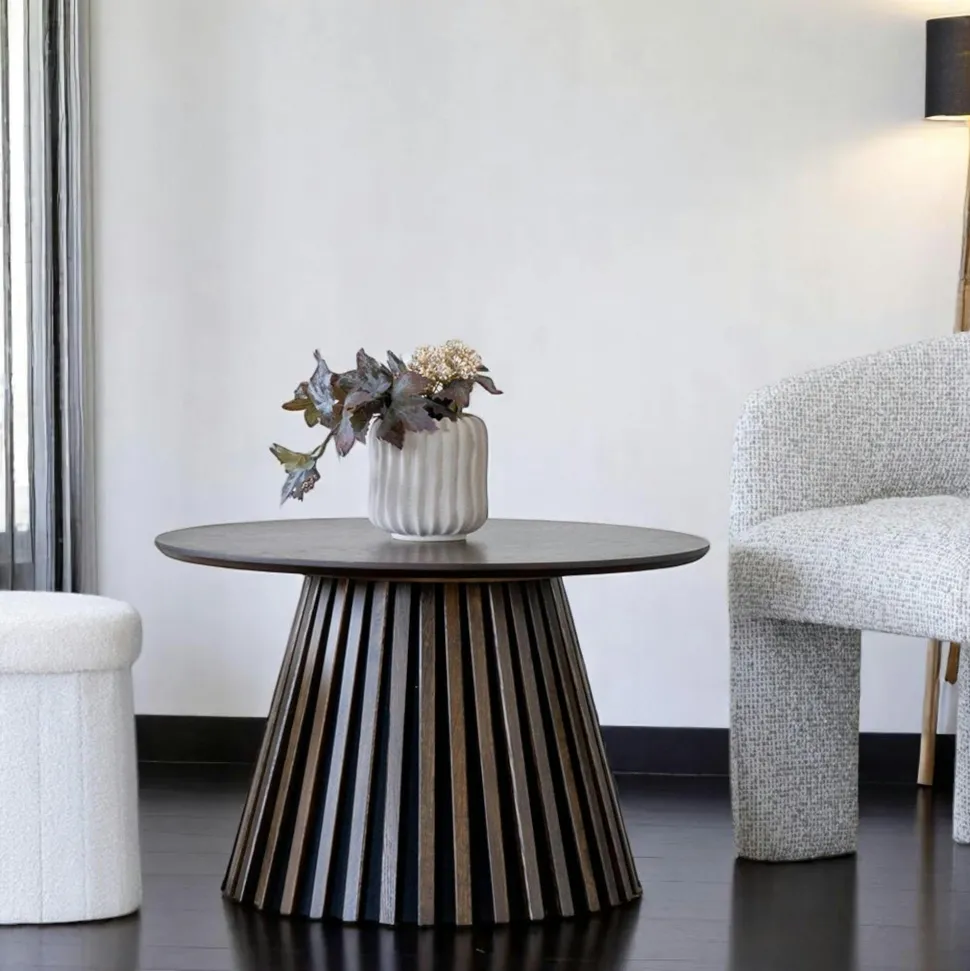 Table basse ronde en chêne brun avec piètement baguette ø70 cm AMSTERDAM