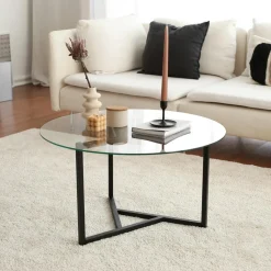 Table basse ronde en verre, pied noir 3 branches TULUM