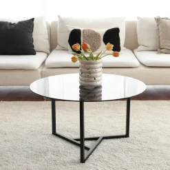 Table basse ronde en verre, pied noir 3 branches TULUM