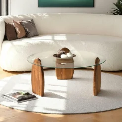 Table basse ronde en verre - 3 pieds bois brun ANZIO
