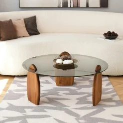 Table basse ronde en verre - 3 pieds bois brun ANZIO