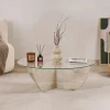 Table basse ronde en verre pied croisé effet travertin SALTA