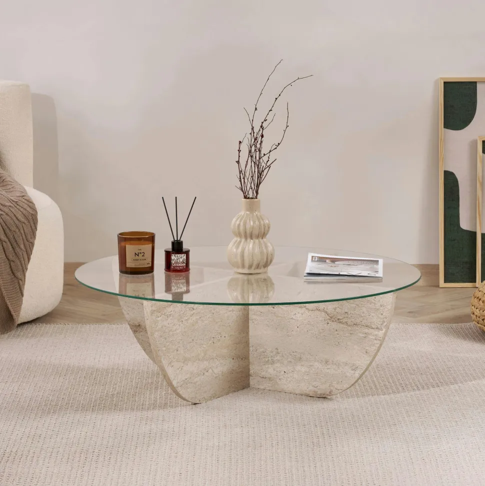 Table basse ronde en verre pied croisé effet travertin SALTA