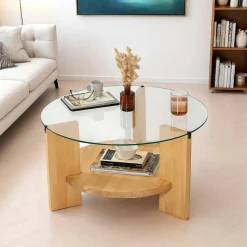 Table basse ronde en verre et bois clair - 2 plateaux ANZIO