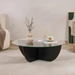 Table basse ronde en verre pied croisé effet bois noir SALTA