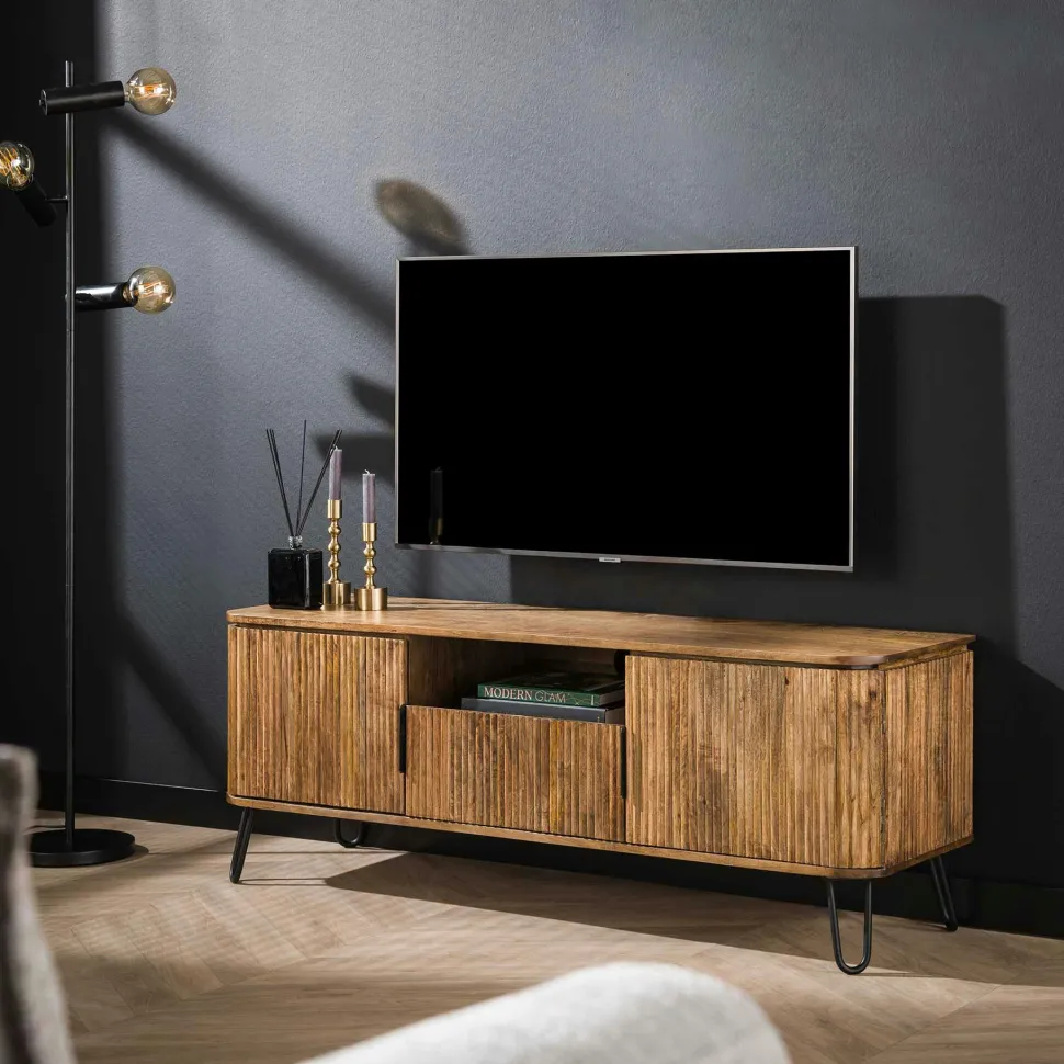 Table basse ronde gigogne motif baguette en bois de manguier (lot de 2) DELHI