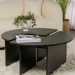 Table basse ronde noire effet bois - design puzzle MARFA