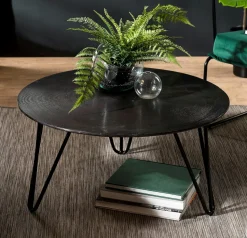 Table basse ronde noire rainures pieds épingle ZALA