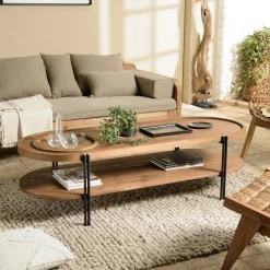 Table basse ronde plateau teck recyclé avec rebord 76,5 cm SWING