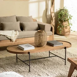 Table basse ronde plateau teck recyclé avec rebord 76,5 cm SWING