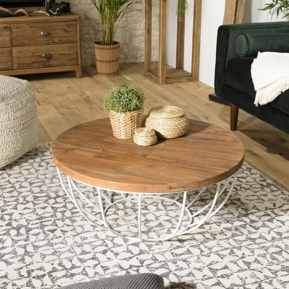 Table basse ronde teck recyclé métal blanc D 80 cm SWING