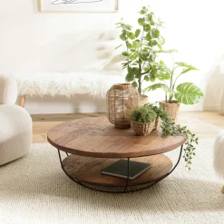 Table basse ronde teck recyclé structure filaire blanche 2 plateaux SWING
