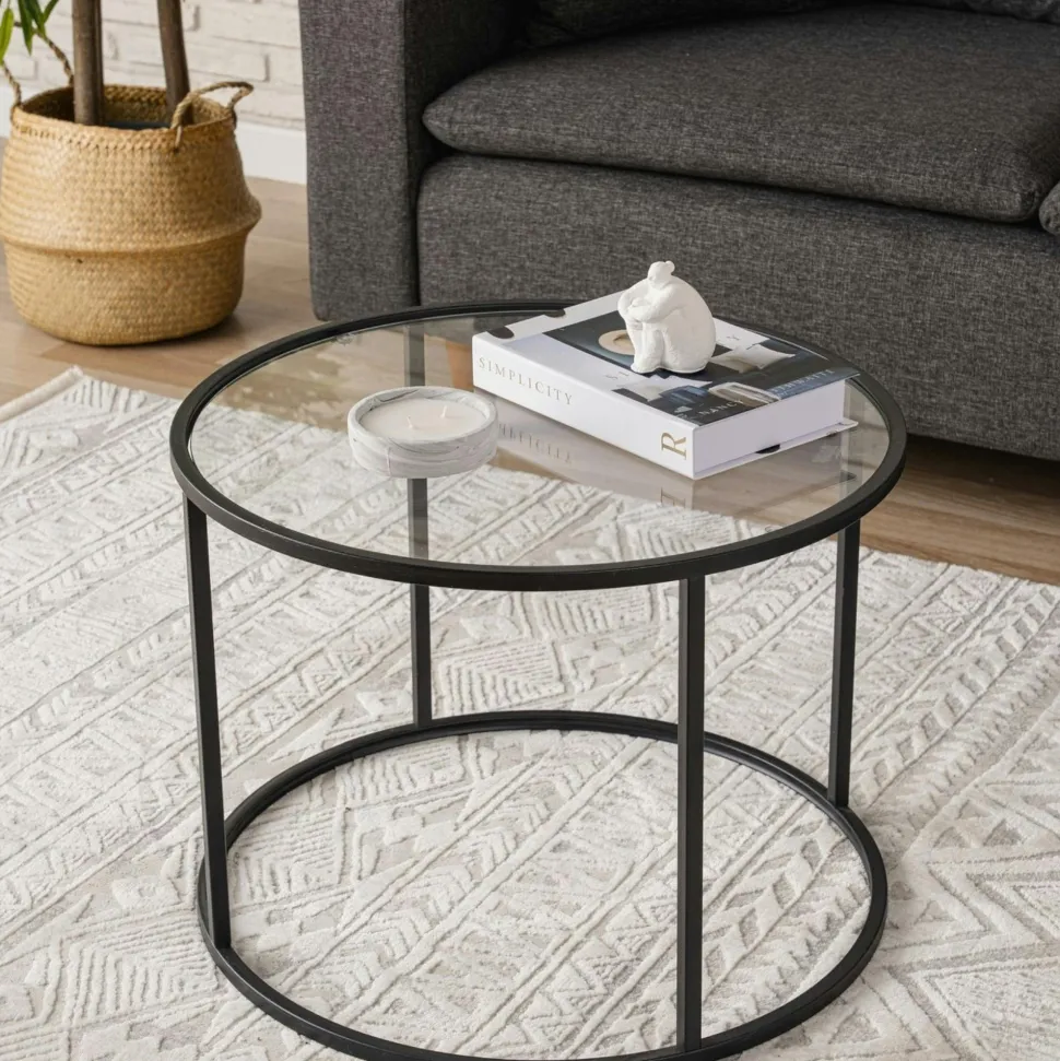 Table basse ronde verre fumé ⌀60 cm - structure noire TULUM