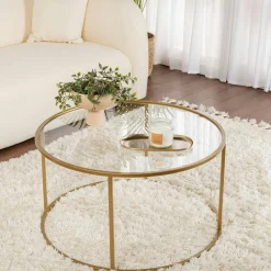Table basse ronde verre fumé – cadre noir ⌀80 cm TULUM