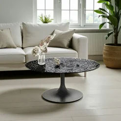 Table basse ronde verre ondulé noir, pied tulipe LIGURIE