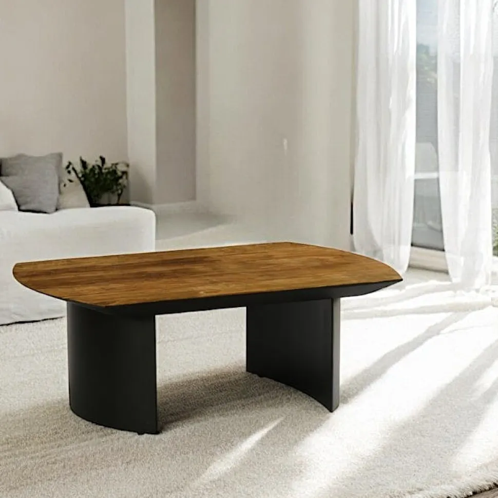 Table basse teck recyclé pieds arrondis noirs TRANI