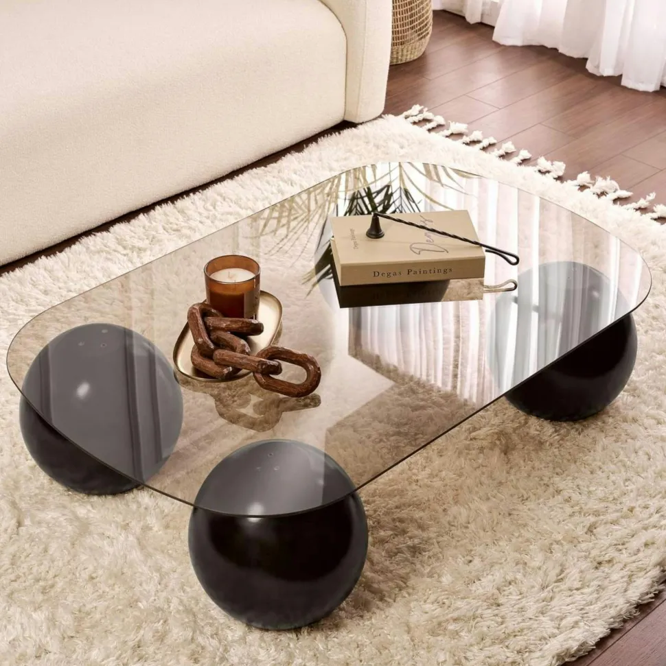 Table basse verre ambré bords arrondis - 4 pieds noirs KOCHI