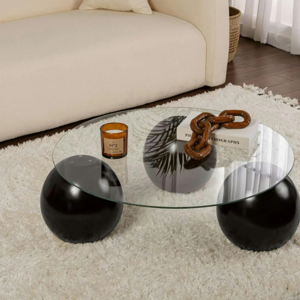 Table basse verre ambré bords arrondis - 4 pieds noirs KOCHI