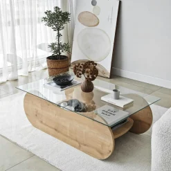 Table basse verre, base luge effet bois avec rangement SALTA