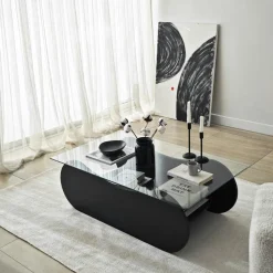 Table basse verre, base luge effet bois avec rangement SALTA