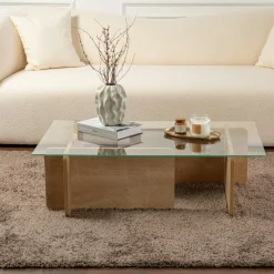 Table basse verre déstructurée – base effet chêne clair SALTA