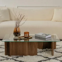 Table basse verre déstructurée – base effet bois noyer SALTA