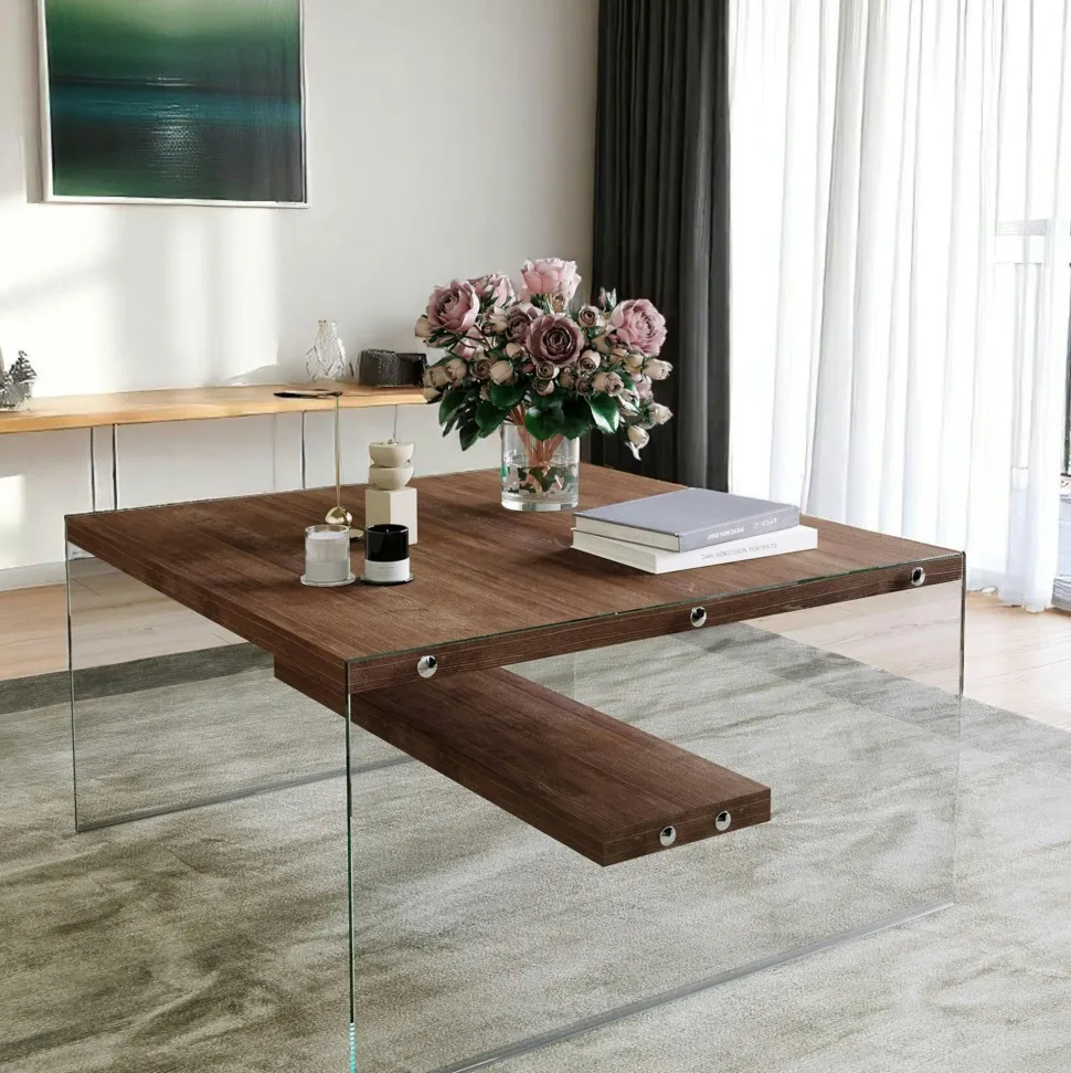 Table basse verre et bois - plateaux gris suspendus, LHASA