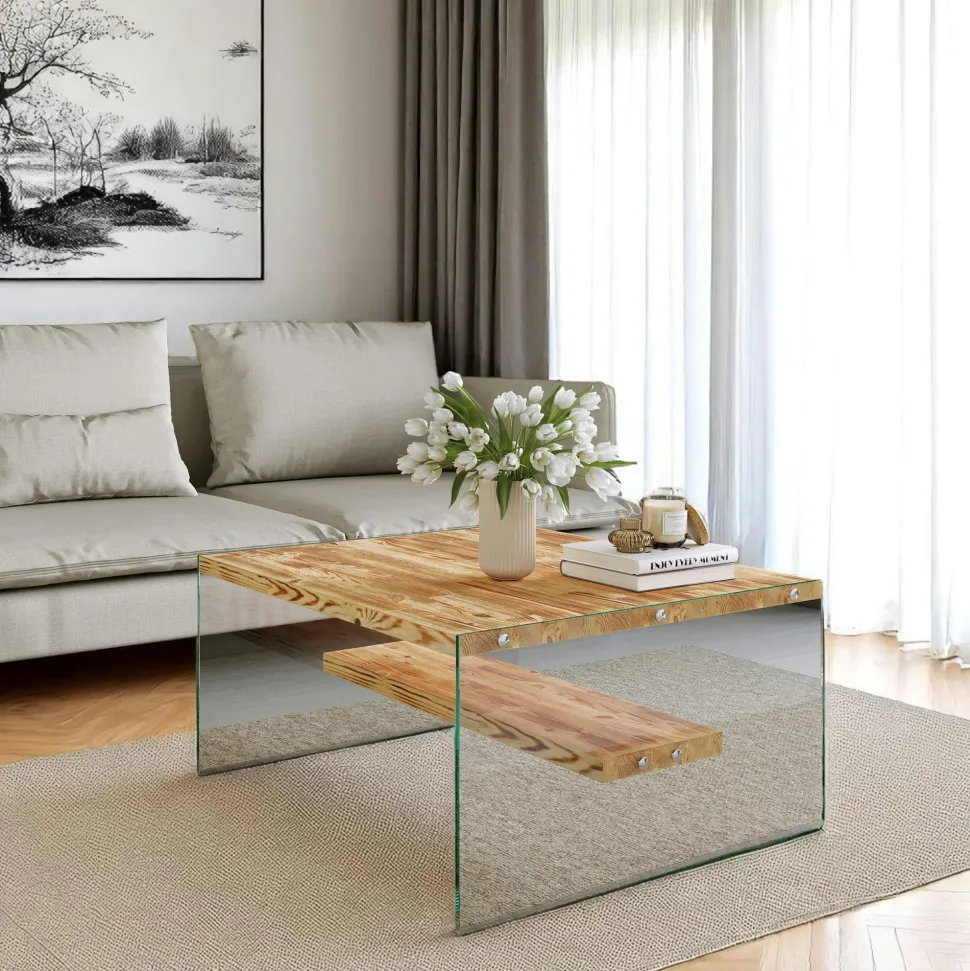 Table basse verre et bois - plateaux gris suspendus, LHASA