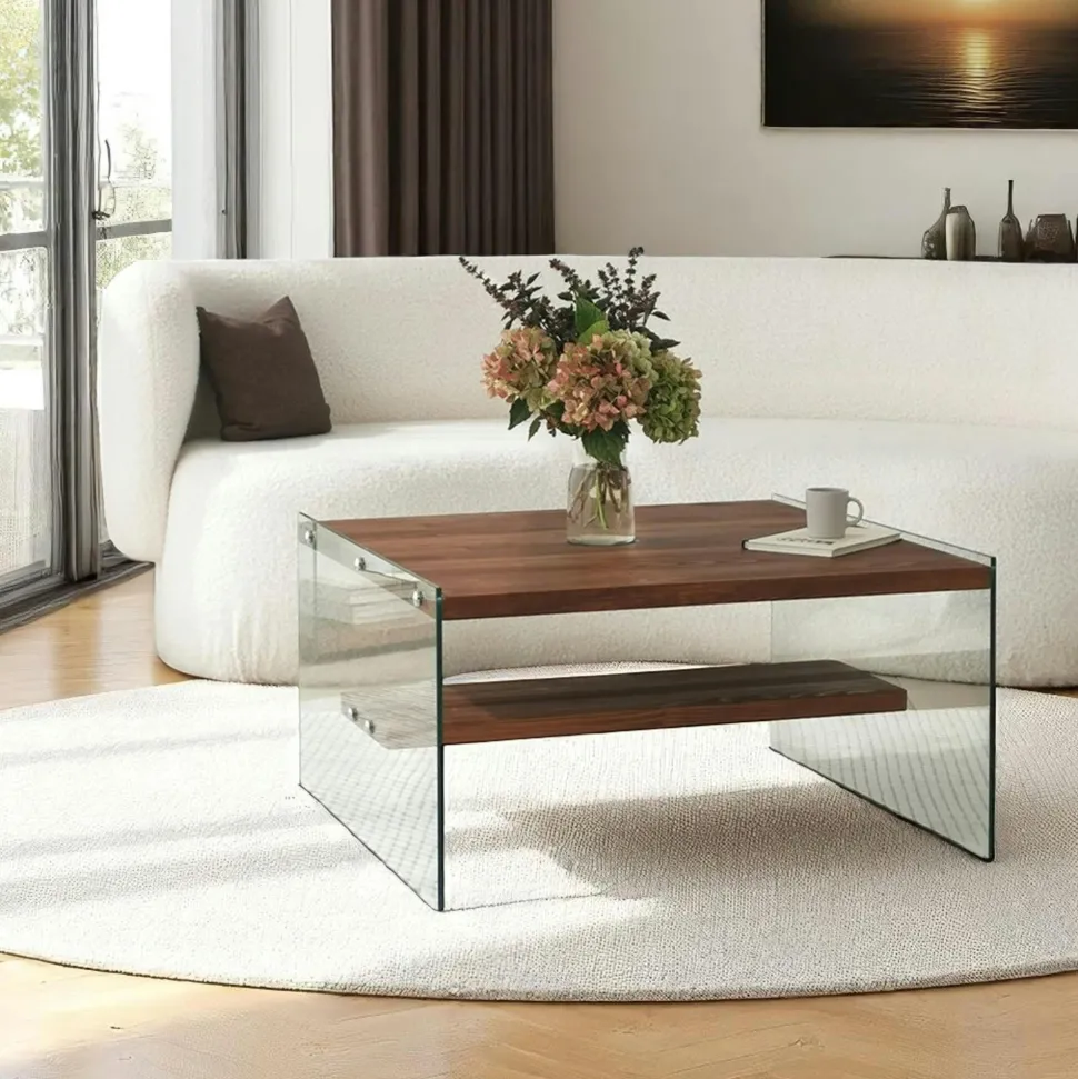 Table basse verre et bois - plateaux gris suspendus, LHASA