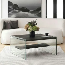 Table basse verre et bois - plateaux marrons suspendus LHASA