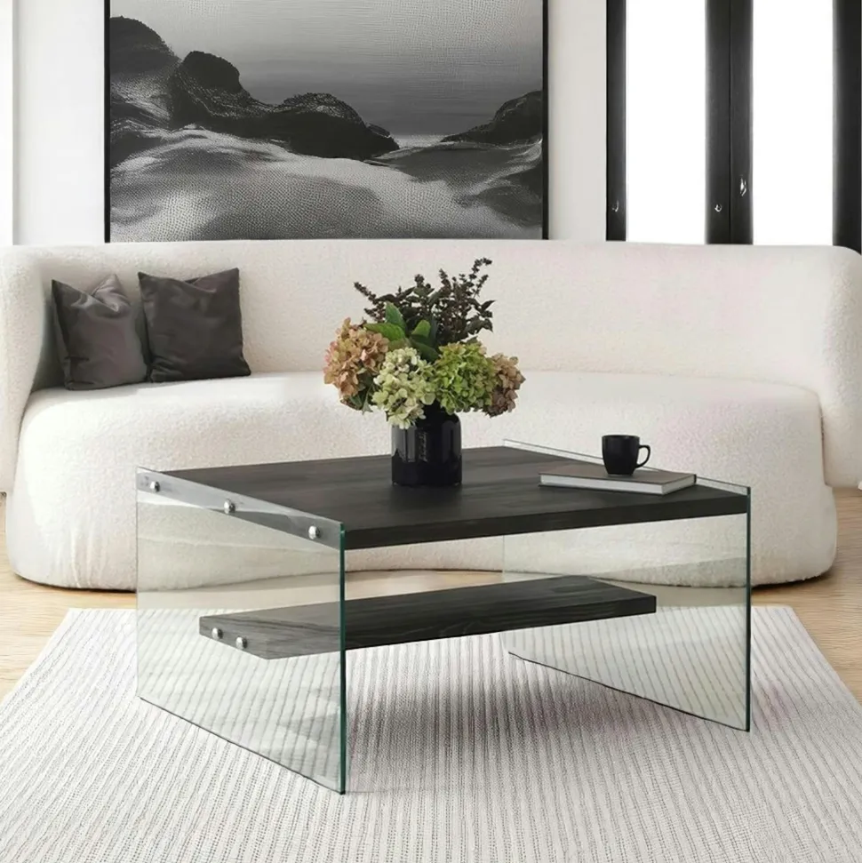 Table basse verre et bois - plateaux bruns suspendus LHASA