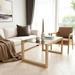 Table basse verre et bois brun - forme rectangle LHASA