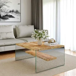 Table basse verre et bois - plateaux clairs suspendus LHASA