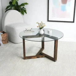 Table basse verre fumé - pied 3 branches, bois foncé ANZIO