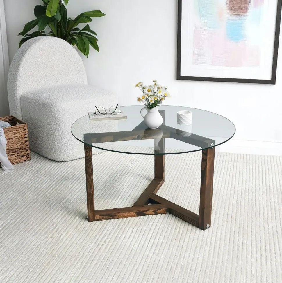 Table basse verre fumé - pied 3 branches, bois foncé ANZIO