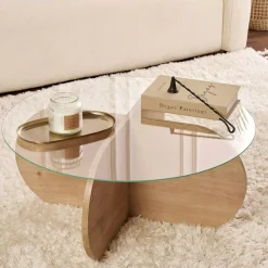 Table basse verre fumé - pied en croix effet chêne clair SALTA