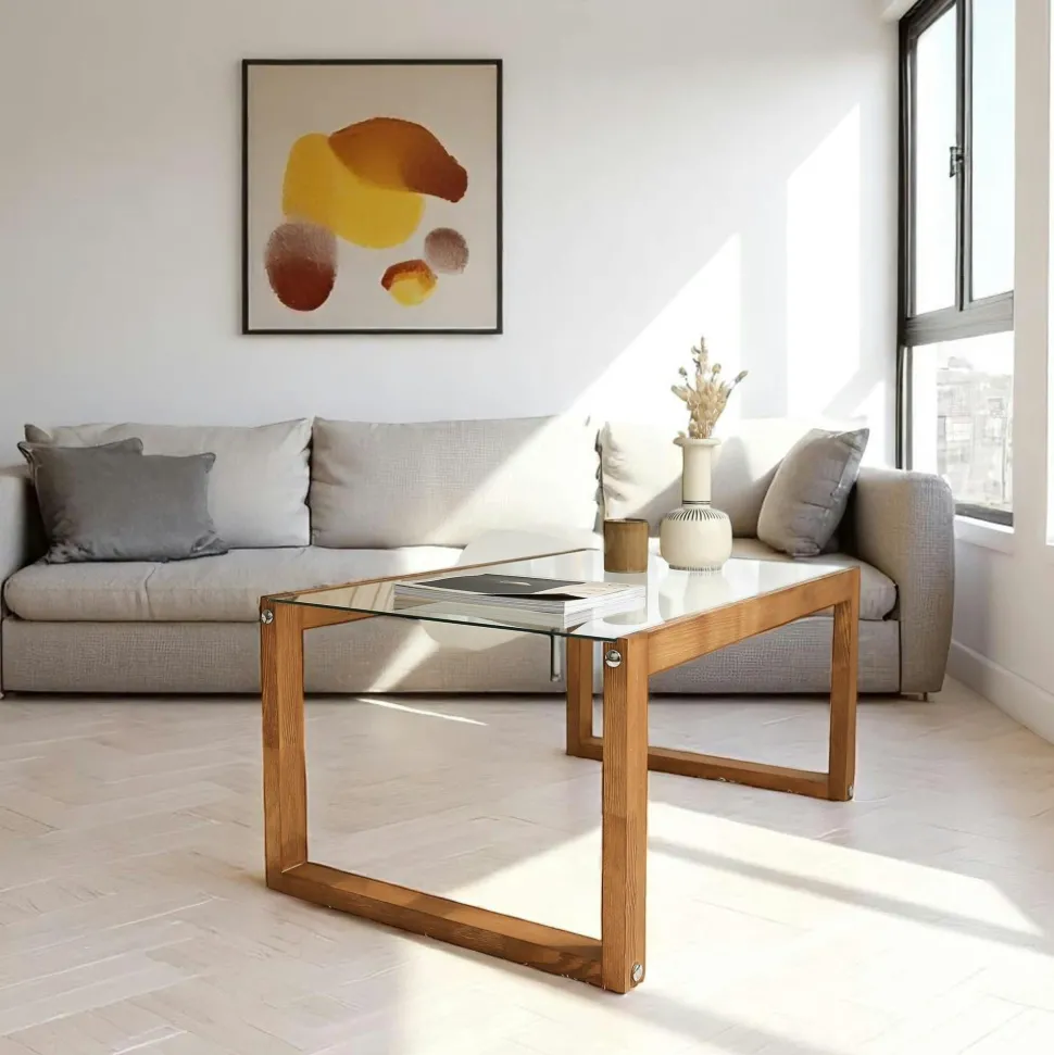 Table basse verre fumé et bois clair - forme rectangle LHASA