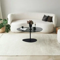 Table basse verre minimaliste forme galet et pied doré TULUM