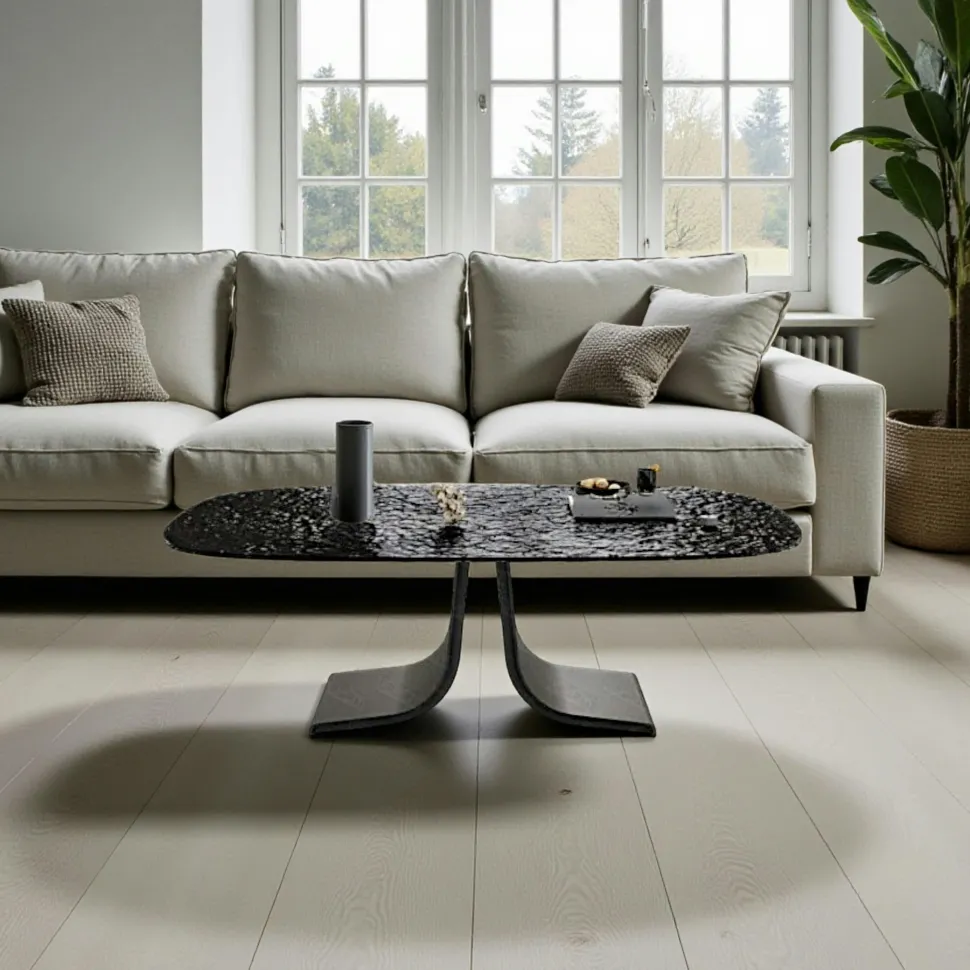 Table basse verre ondulé noir, pied ouvert LIGURIE
