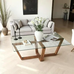 Table basse verre trempé - pied croisé en bois brun LHASA