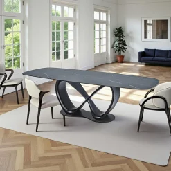 Table céramique marbrée pied ruban bois brun 220 cm ALDER
