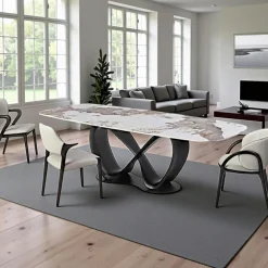 Table céramique marbrée pied ruban bois noir 220 cm ALDER