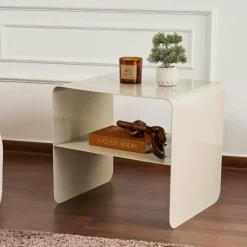 Table d’appoint design métal taupe – 2 plateaux SFAX