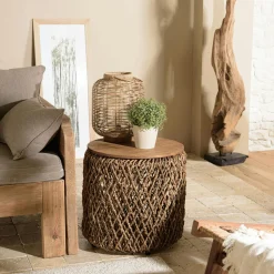 Table d'appoint ronde 38 cm fibre de coco et bois recyclé SWING
