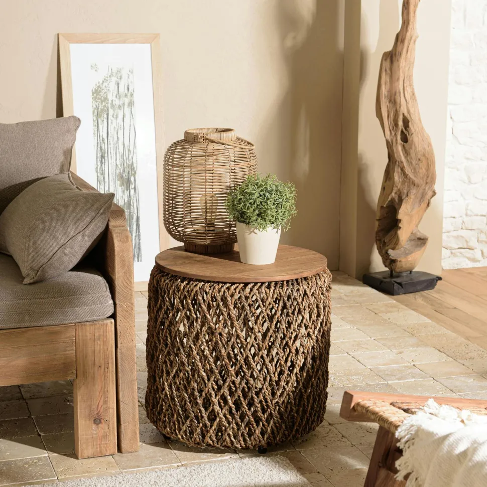 Table d'appoint ronde 38 cm fibre de coco et bois recyclé SWING