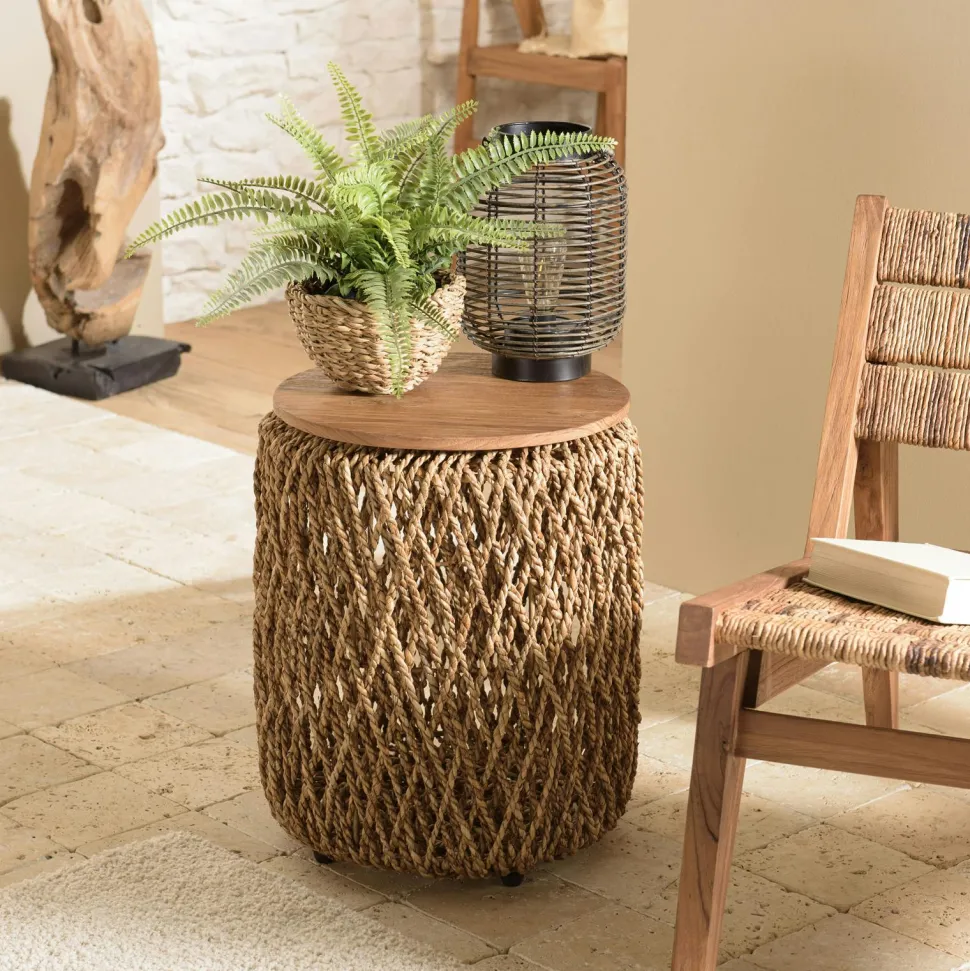 Table d'appoint ronde 49 cm fibre de coco et bois recyclé SWING