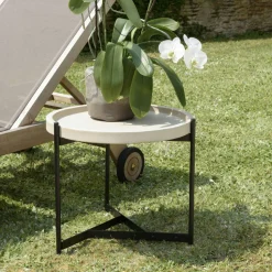 Table d'appoint ronde de jardin plateau béton beige pieds métal HERCULE